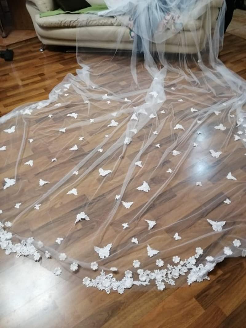 Lace Wedding Veils Cathedral Butterfly Floral Appliqeus 2 Tier for Bride Blusher with Comb