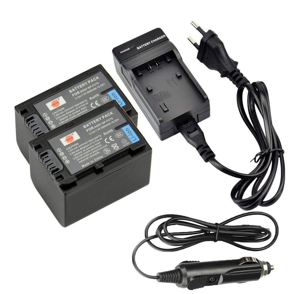 DSTE 2-pacco Ricambio Batteria + DC04E Caricabatteria per NP-FV70 HDR-XR550VE SR15 SR21 SR68 SR88 SX15 SX21 SX44 SX45 SX63 SX65 SX83 SX85 FDR AX100 Hdr CX105 CX110 CX115 CX130 CX150 CX155 CX160