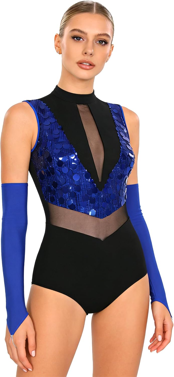 2pcs Women Gymnastics Ice Figure Skating Dance Leotard with Gloves | Shiny Sequin Ballet Latin Jazz Dancewear, Mock Neck Bodysuit, Sleeveless, Sheer Mesh, Waist Cutout Dance Outfit
