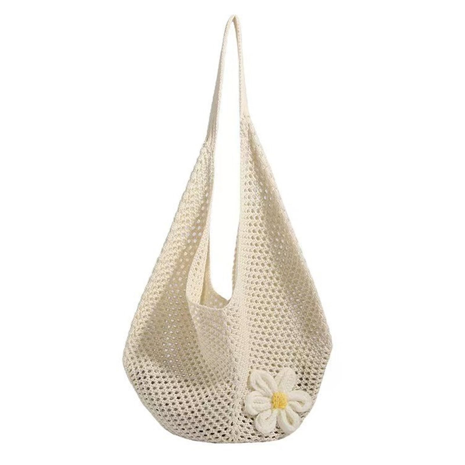 Bolso Ganchillo Mujer con Flores, Bolsa Playa de Malla Transpirable, Bolso Verano Mujer Boho con Gran Capacidad para Compras y Playa