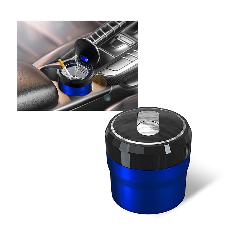 Cinzeiro automotivo com tampa YTFRL, luz LED, recipiente removível em aço inoxidável e revestimento cerâmico, azul pequeno