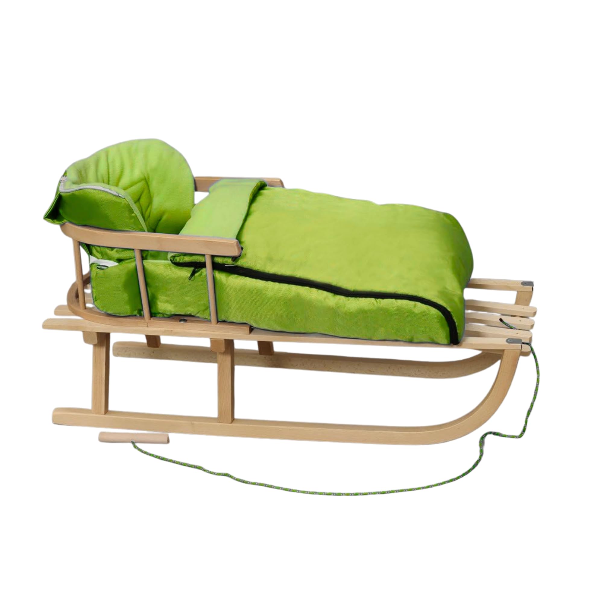 BirnePower Holzschlitten 90cm mit Rückenlehne und Winterfußsack 90cm oder 108cm Komplettset inkl. Zugseil & Gurt, Rodelschlitten aus Buchenholz