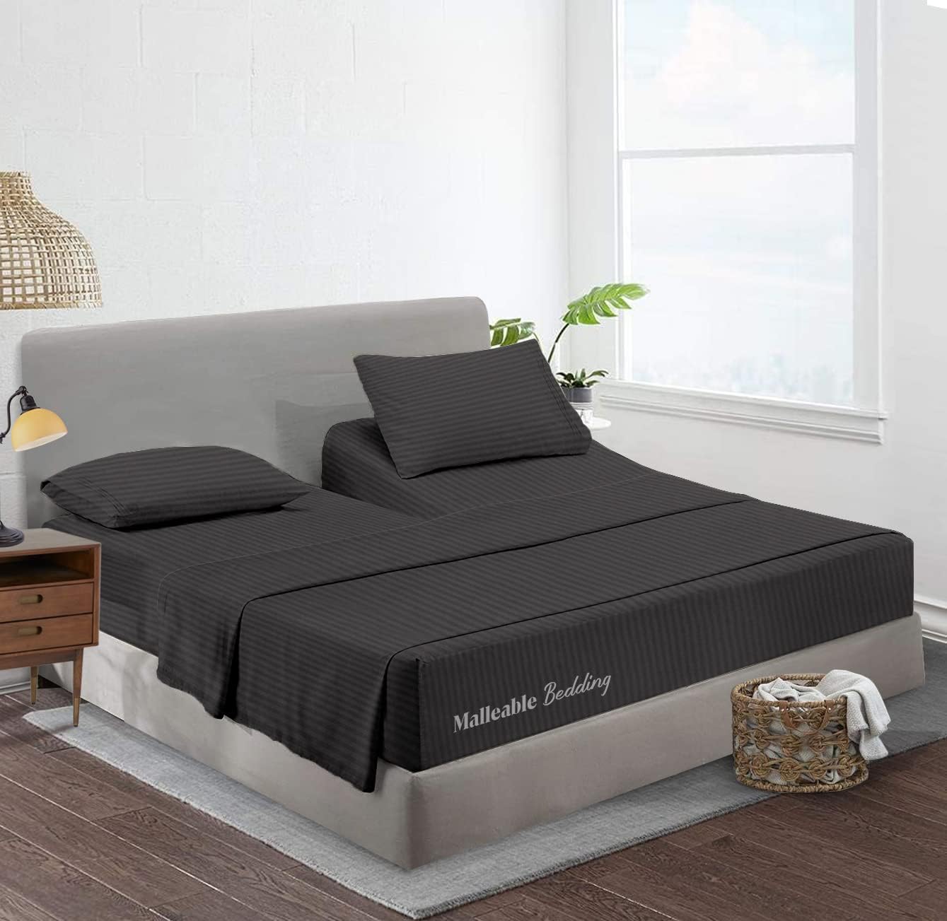 Top Split Flex Sheet Set for Adjustable Bed 30" Split Head King Size 600 TC Soft & Smooth Egyptian Cotton 4 Piece Set fits up to 15 Inch Deep Pocket Dark Grey Stripe
