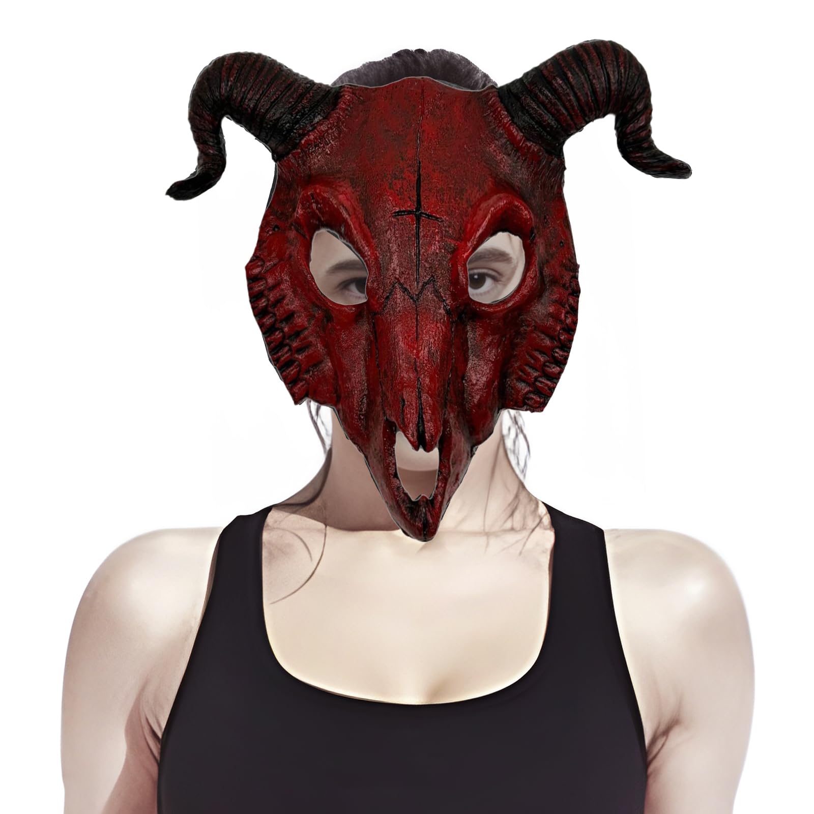 TINAYAUE Unisex Goat Skull Mask Scary Halloween Masks Lifelike Sheep Horns PU Devil Mask for Women Men Carnival Animal Theme Party Cosplay Costume Accessories - Image 2
