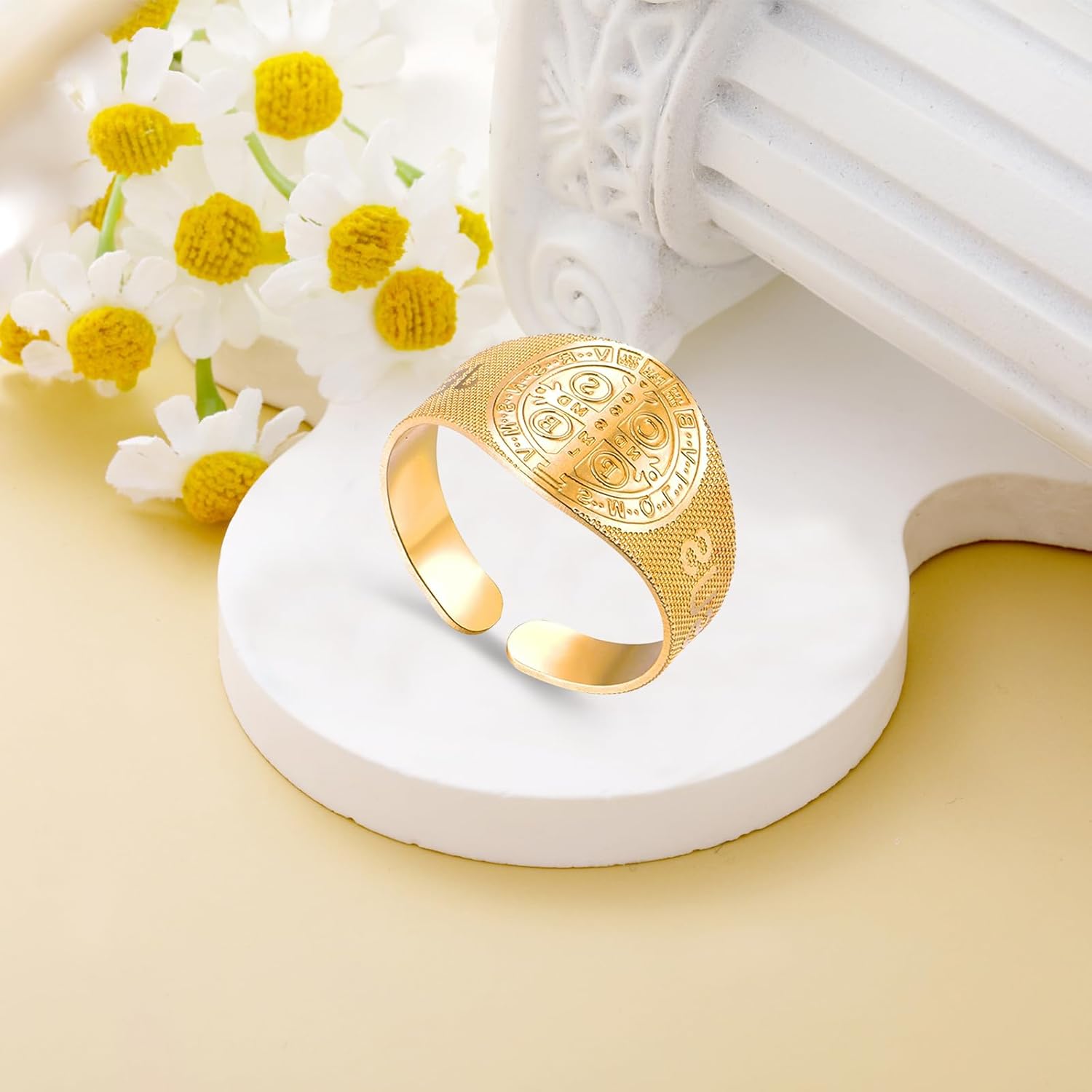 MRENITE Personalized 10K 14K 18K Gold Christian Rings for Men Round Pinky Signet Ring Custom Size Engraved Name Religious Exorcism Ring Gift for Father Son - Image 3