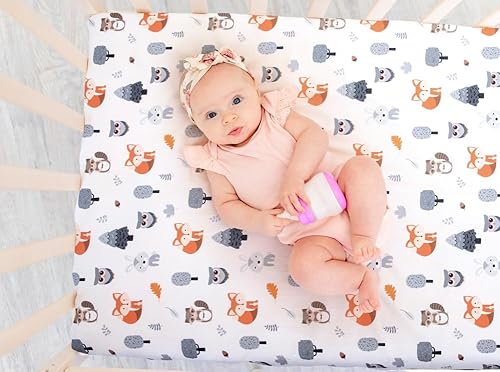 Miniatura 2 de Juego de 4 sábanas ajustables unisex para cuna de bebé, diseño de animales del bosque del bosque, de madera, neutro, para bebés, niños o niñas, zorro