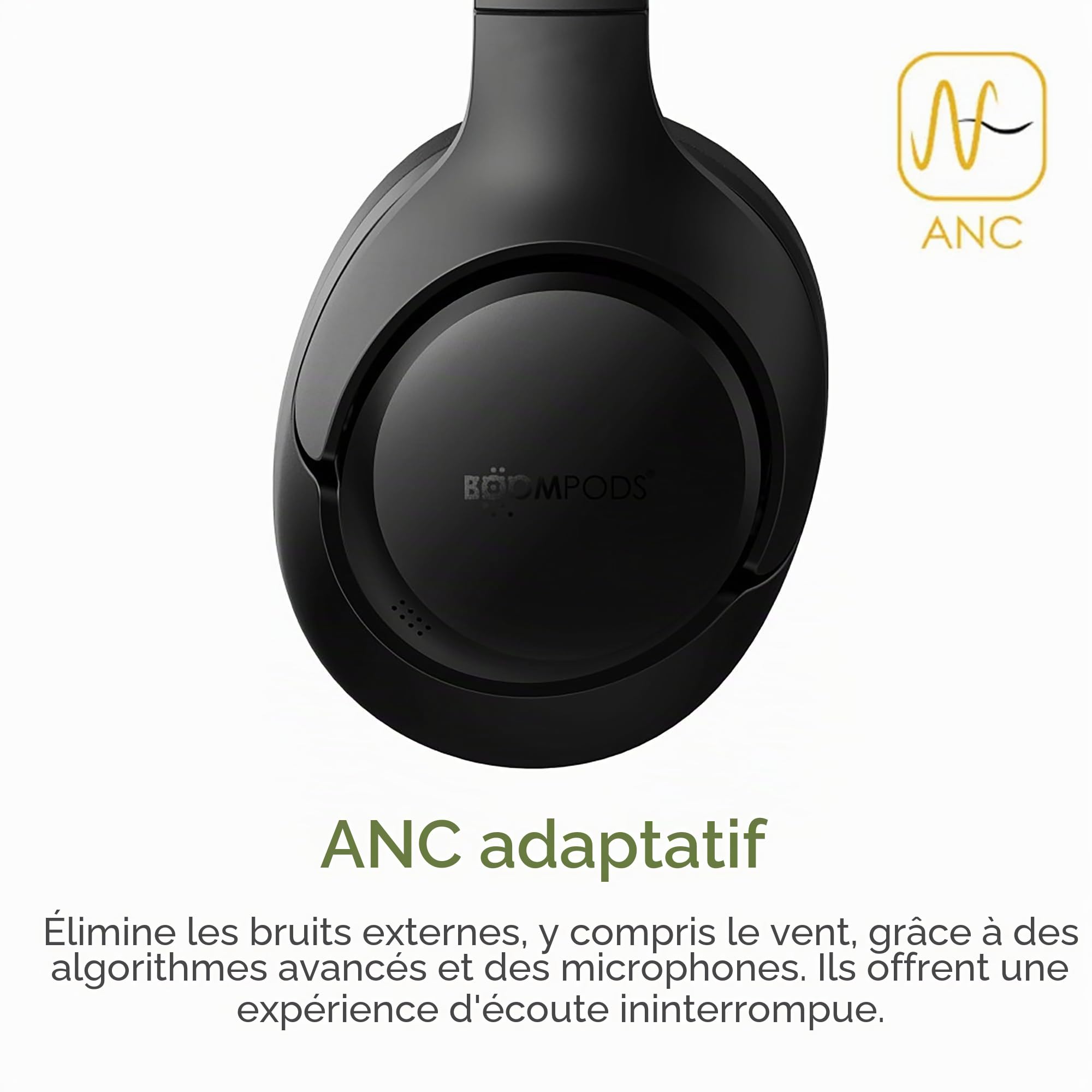 Boompods Orbit ANC Écouteurs Bluetooth sans Fil - Casque Audio avec RéDuction Active du Bruit, Autonomie 18h, Casque sans Fil avec Micro, USB-C Charging et Étui de Voyage, Noir