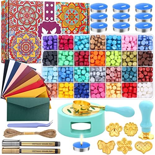 Upgraded Wax Seal Stamp Kit, Anezus 790pcs Sealing Wax Kit with Wax Seal Beads, Wax Stamp, Wax Warmer, Vintage Envelopes, and Gift Box for Letter Sealing, Invitation Cards, Craft Decoration