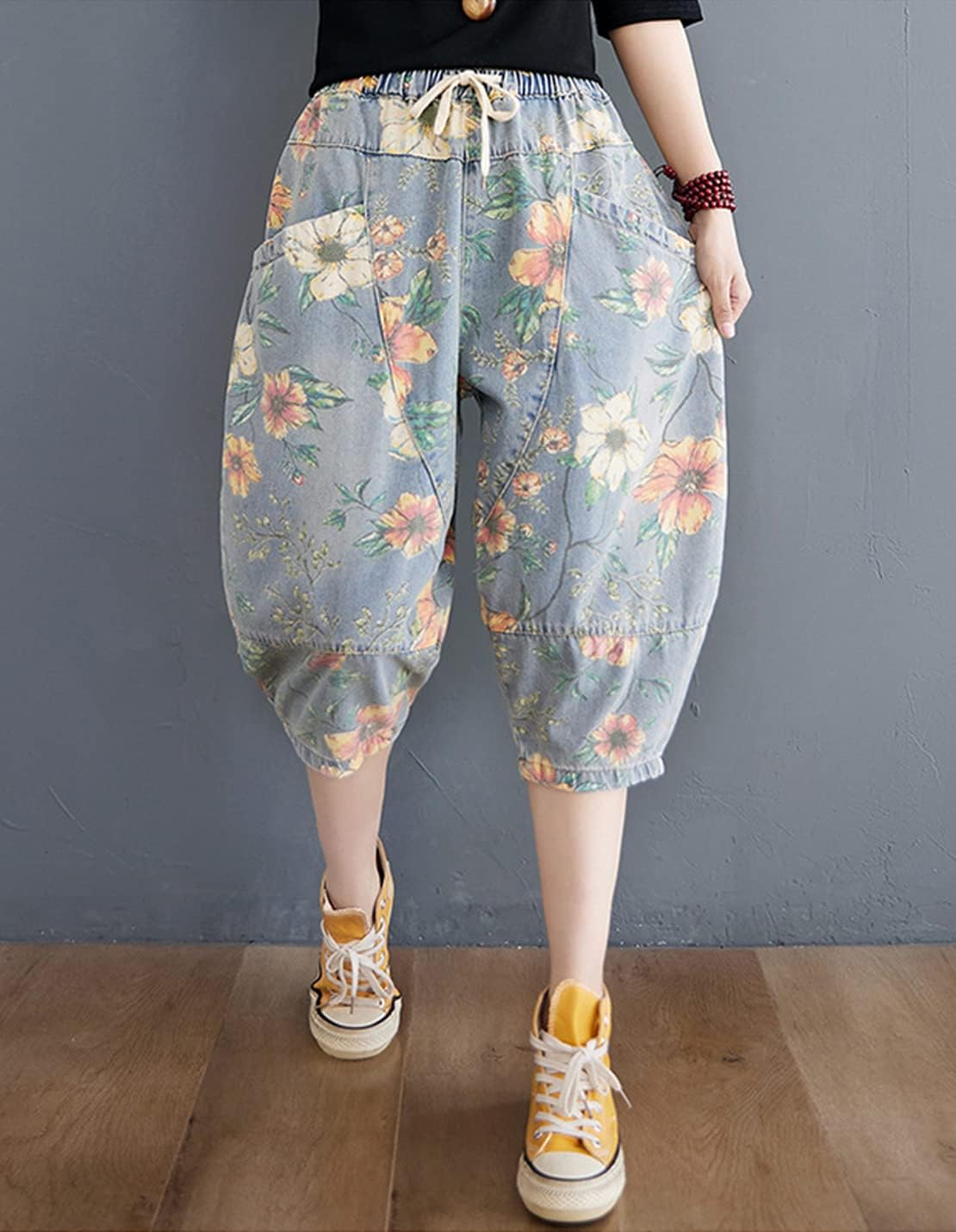 COWOKA Women's Casual Denim Jeans Print Drawstring Elastic Waist Cotton Loose Splicing Harem Pants - Image 4