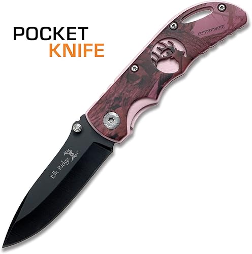 Miniatura 7 de Elk Ridge - Cuchillo plegable al aire libre - Hoja de acero inoxidable negro de 3.75 pulgadas, mango de aluminio negro recubierto de camuflaje rojo