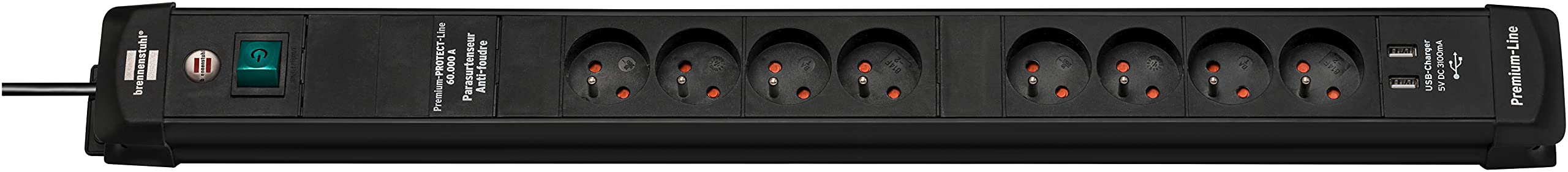 Brennenstuhl Premium-Line Steckdosenleiste mit USB-Ladekabel, Überspannungsschutz und 8 Steckdosen mit Schalter (Leiste mit 3 m Kabel, 2 USB-Ports 5 V/3,1 A, Schwarz