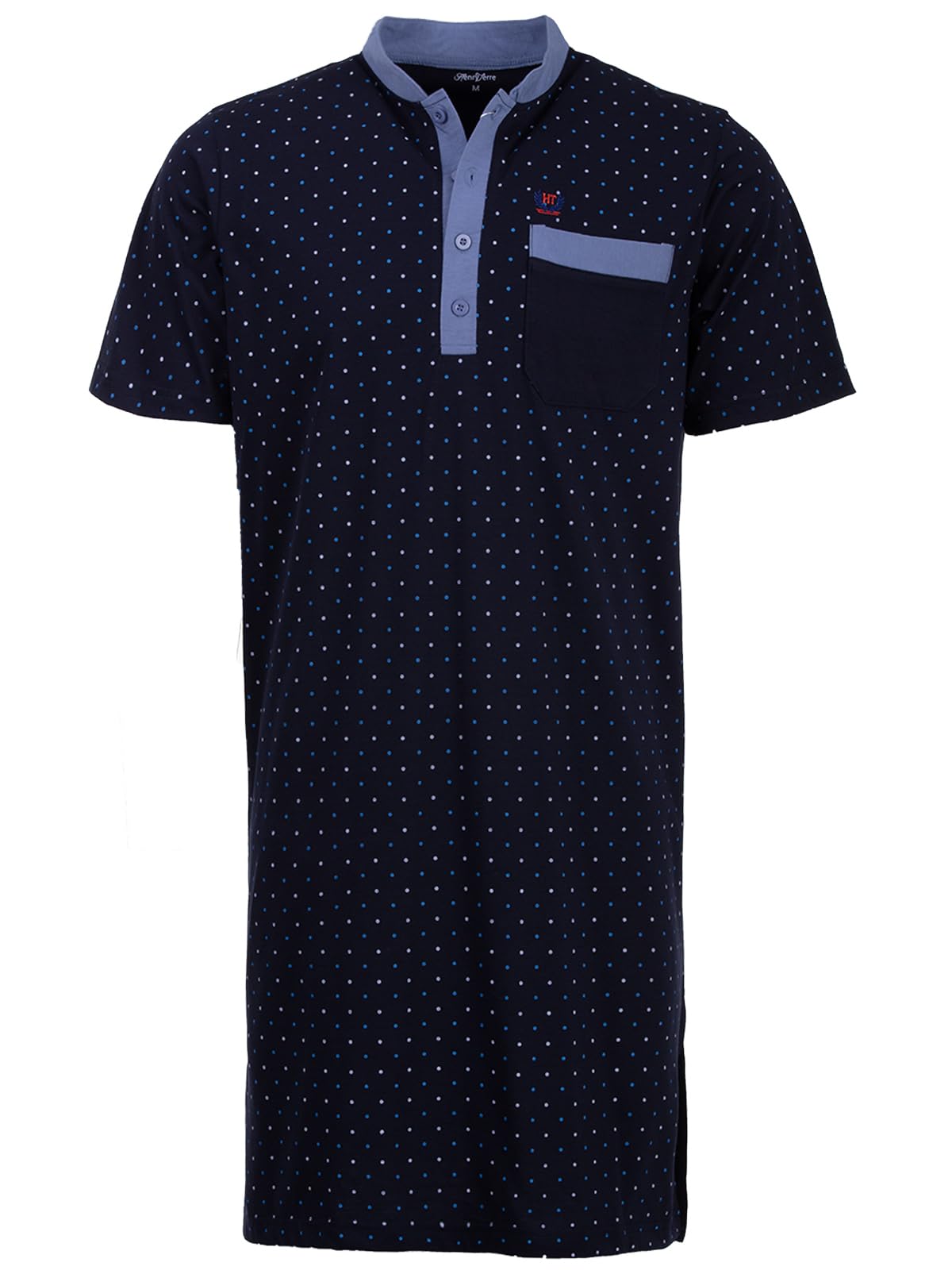 Chemise de nuit à manches courtes pour homme - Col montant avec poche poitrine à pois - Boutonnière - Taille M à 3XL