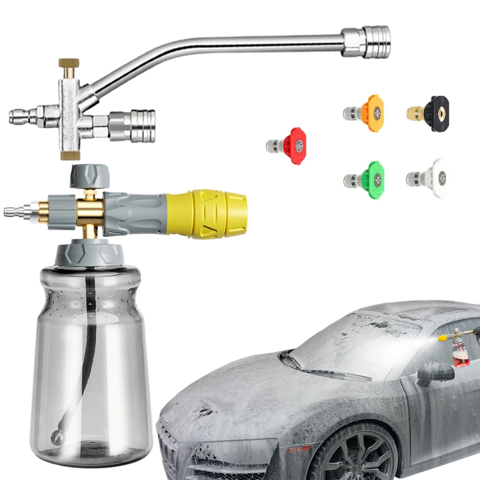 Lanza De Espuma Para Coche Cañón De Espuma Ajustable Con Doble Conector | Equipo De Lavado Para Coche Entrada Valla Techo Fachada Exteriores