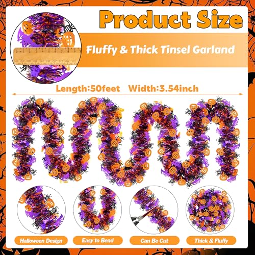 Image of 50 FT Halloween Tinsel Garland, Glitter Tinsel Garlands with Pumpkin Bat Spider, Metallic Holiday Hanging Streamers for Halloween Party Supplies Indoor Outdoor Decoration