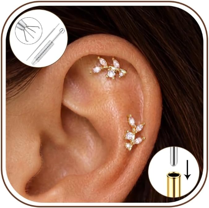 FASACCO 18G Flat Back Earrings Hypoallergenic Surgical Steel Threadless Flatback Stud Earrings for Women Men, 14K Gold Plated Star CZ Nose Studs Tragus Helix Conch Cartilage Piercing Jewelry
