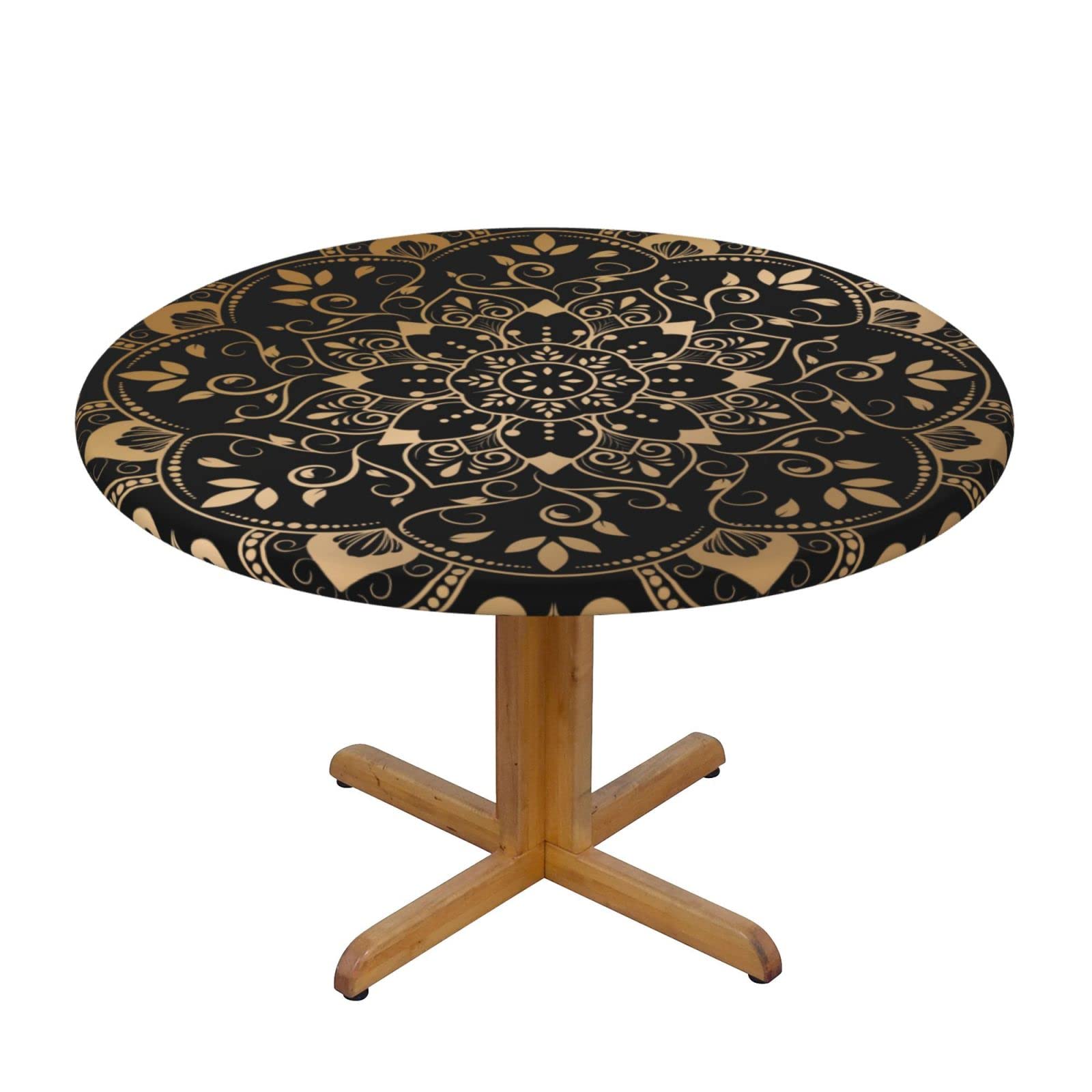 Lsjuee Round Fitted Tablecloth 45-50in Elastic Edged Table Cloth for Kitchen Dining Party Home Decor - Mandala Metal Gold Black