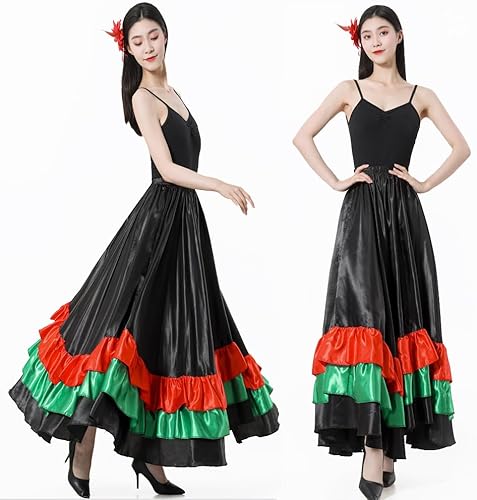 Miniatura 5 de Falda larga de baile con volantes para adultos color negro rojo verde falda folclórica para disfraz de flamenco mexicano de Halloween