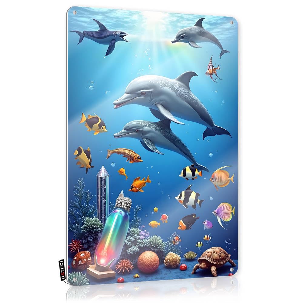 Fzfn Colour Rustic Nice Decoration - Underwater Paradise: Dolphins, Fish, And Marine Life Nostalgic Metal Wall Art Ready To Hang For Campsite(20X30cm)