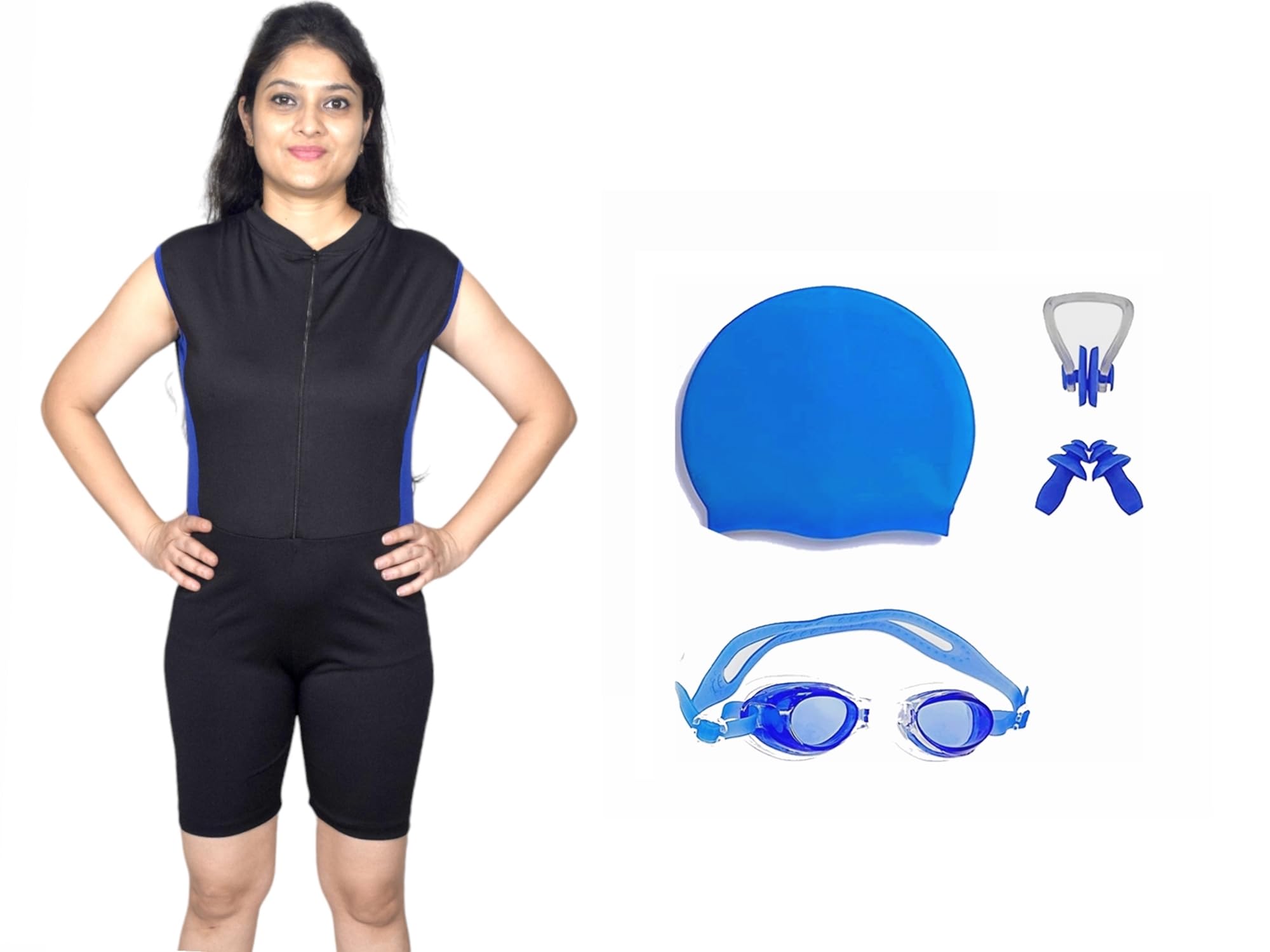 Women's Swimming Sleevless Suit with Swimming 1 Anti Fog Swimming Goggles + 1 Silicone Swimming Cap+ 1 Nose Clip+ 2 Ear Plugs--image-12