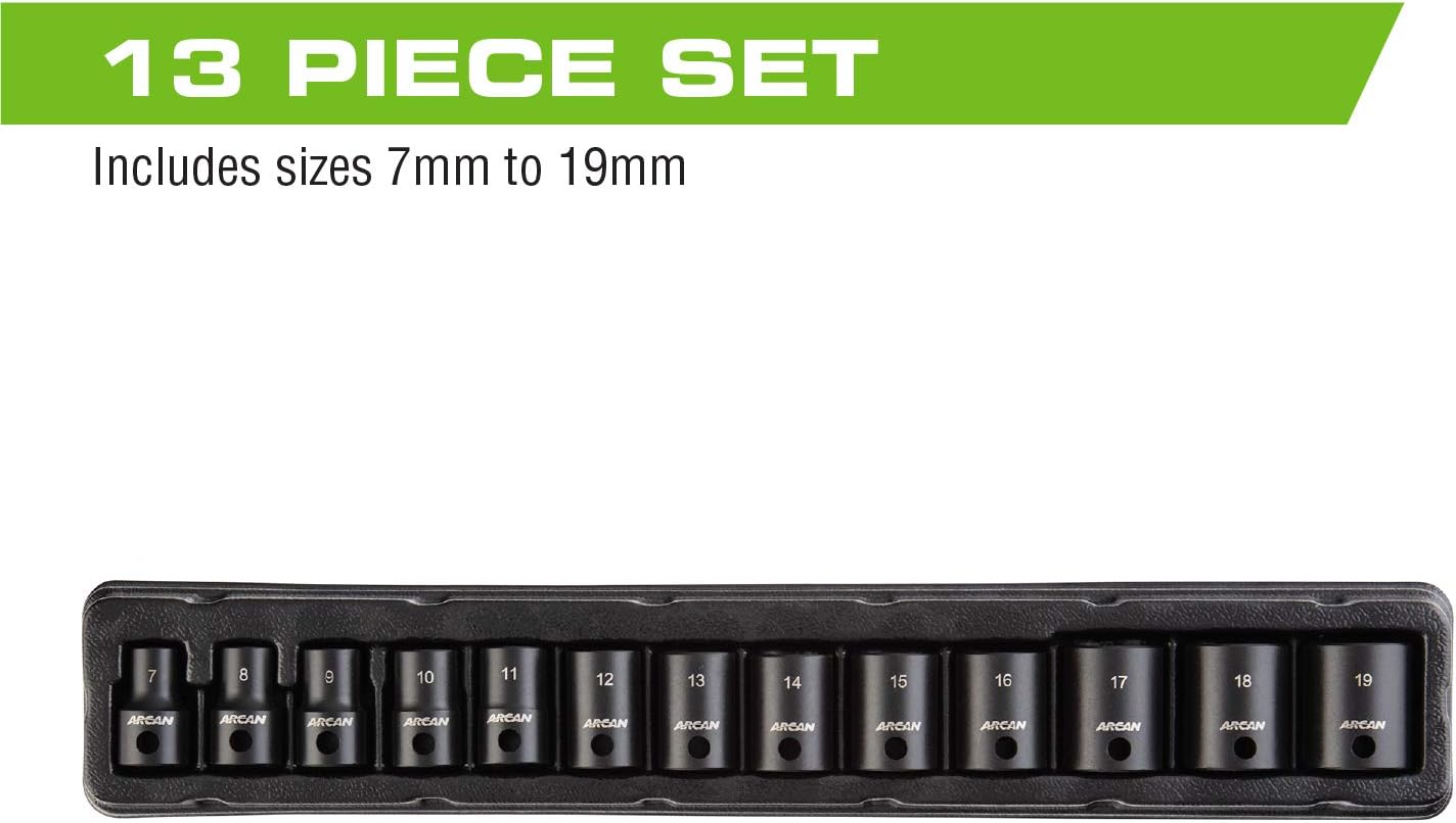 ARCAN PROFESSIONAL TOOLS 3/8 Inch Drive Shallow Impact Socket Set, Metric, 7mm - 19mm, Cr-V, 13-Piece (AS23813M)