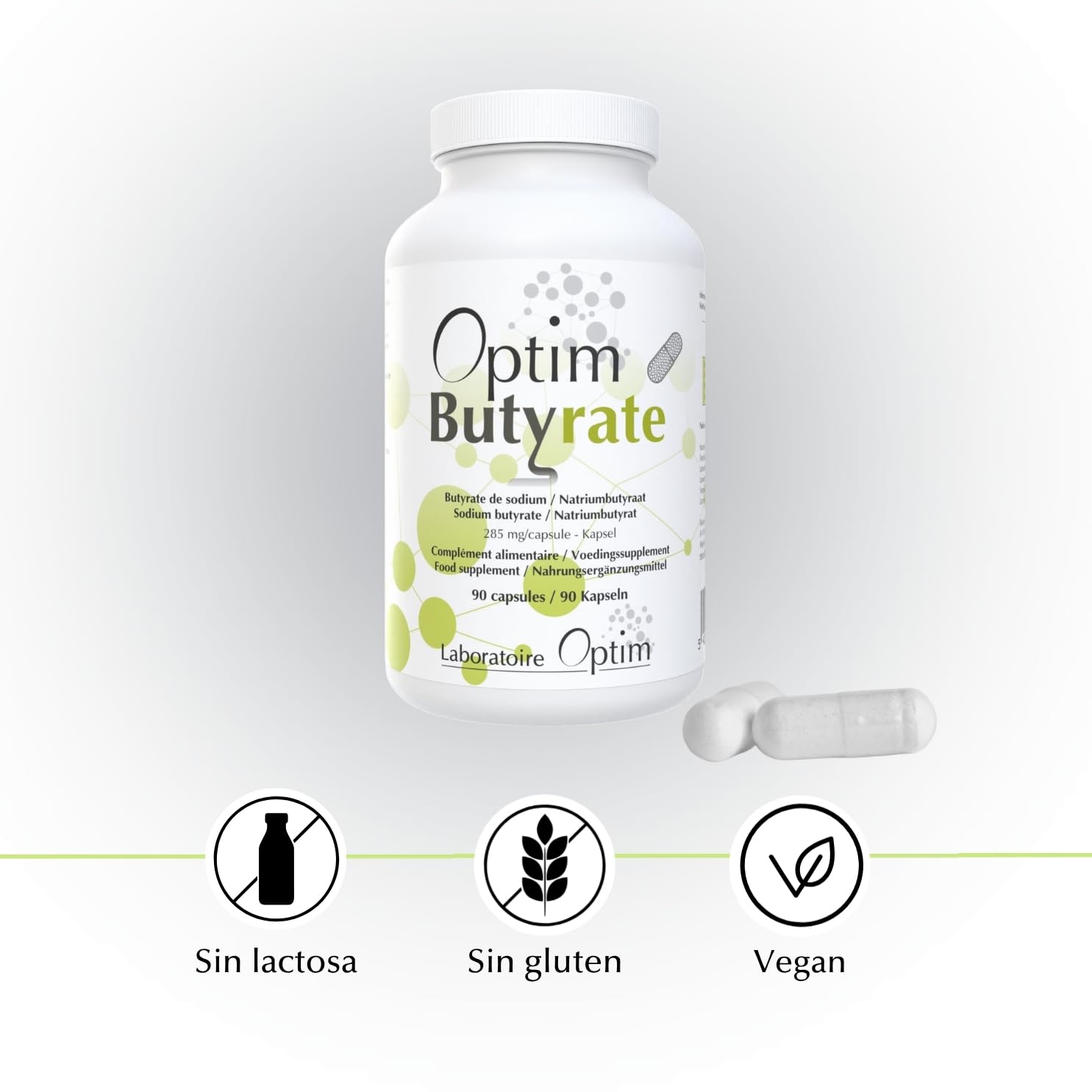 OPTIM Butyrate - Suplemento de Butirato de Sodio 285 mg para Microbiota - Liberación Progresiva Microencapsulado - 90 Cápsulas - Ácido Butírico para Bienestar Intestinal y Colon