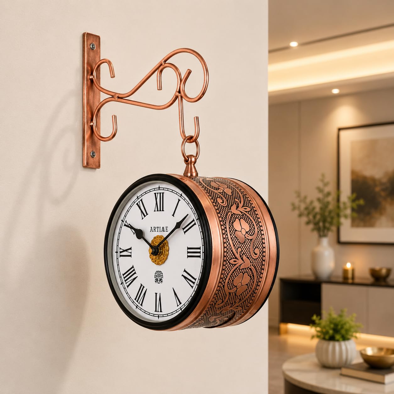 Handcrafted Double Side Metal Analog Vintage Wall Clock | 1.5 Year Machine Warranty | 6 INCHES | 1 Side Number 1 Side Roman,Color Copper-image-2