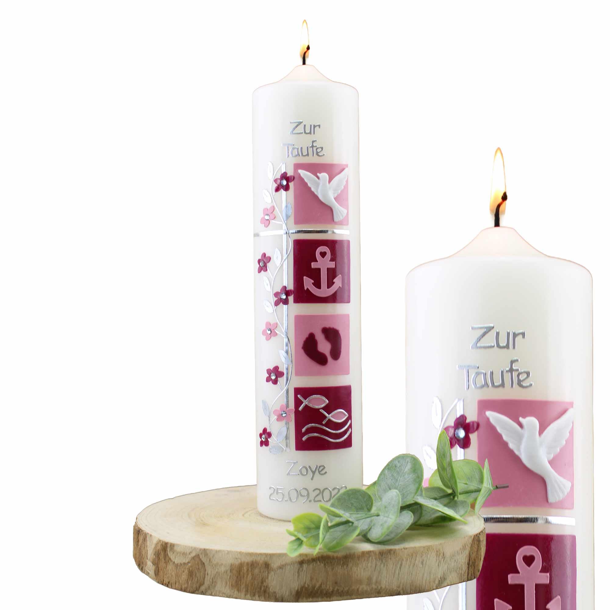 Taufkerze FRIEDA Junge oder Mädchen mit Name und Datum, individuell und handverziert 1259