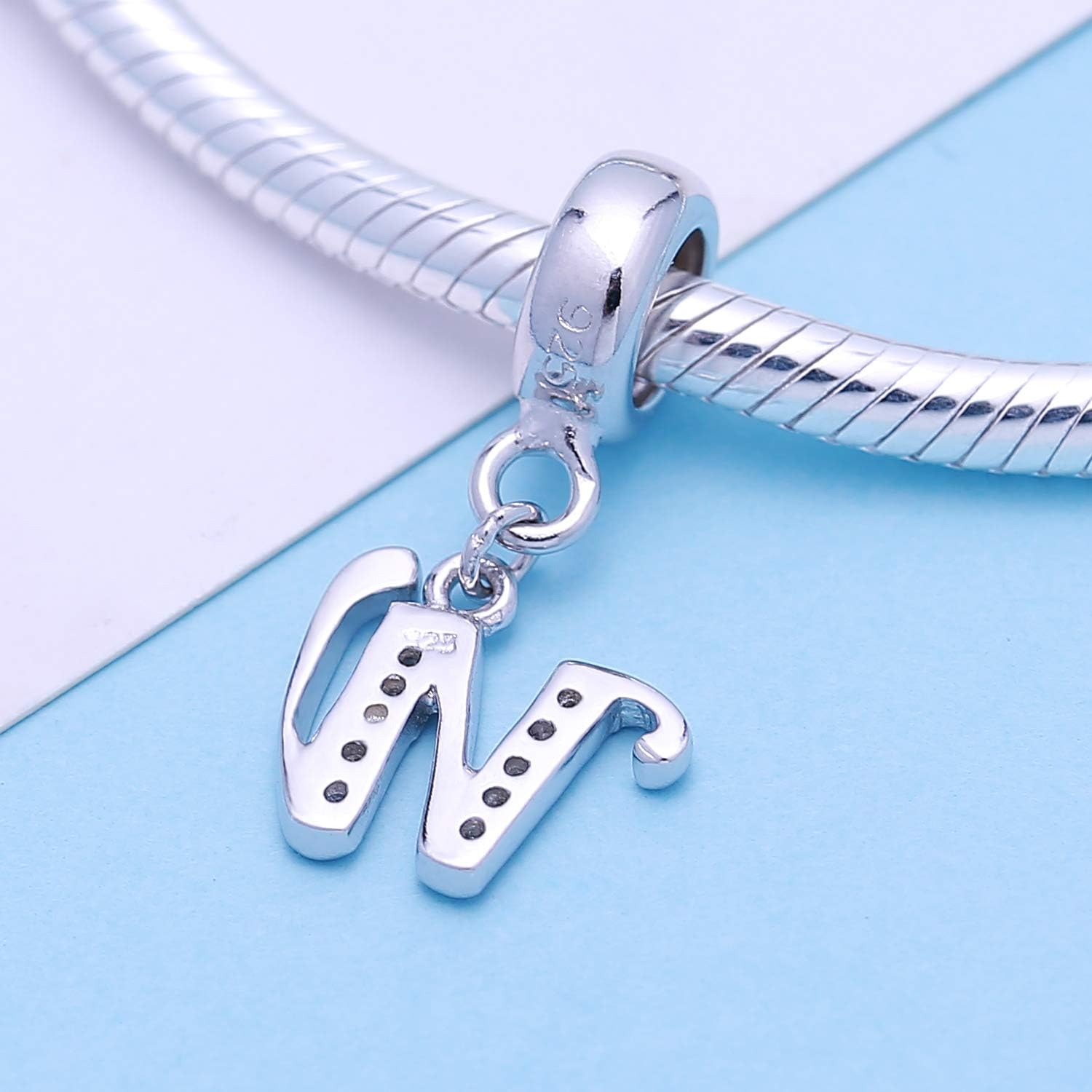 925 Sterling Silver Charms Alphabet Beads fit Pandora Charm Bracelets A-Z Letter Initial Spacer Dangle Clear CZ Stone Authentic for Snake Chain Bracelets - Image 3