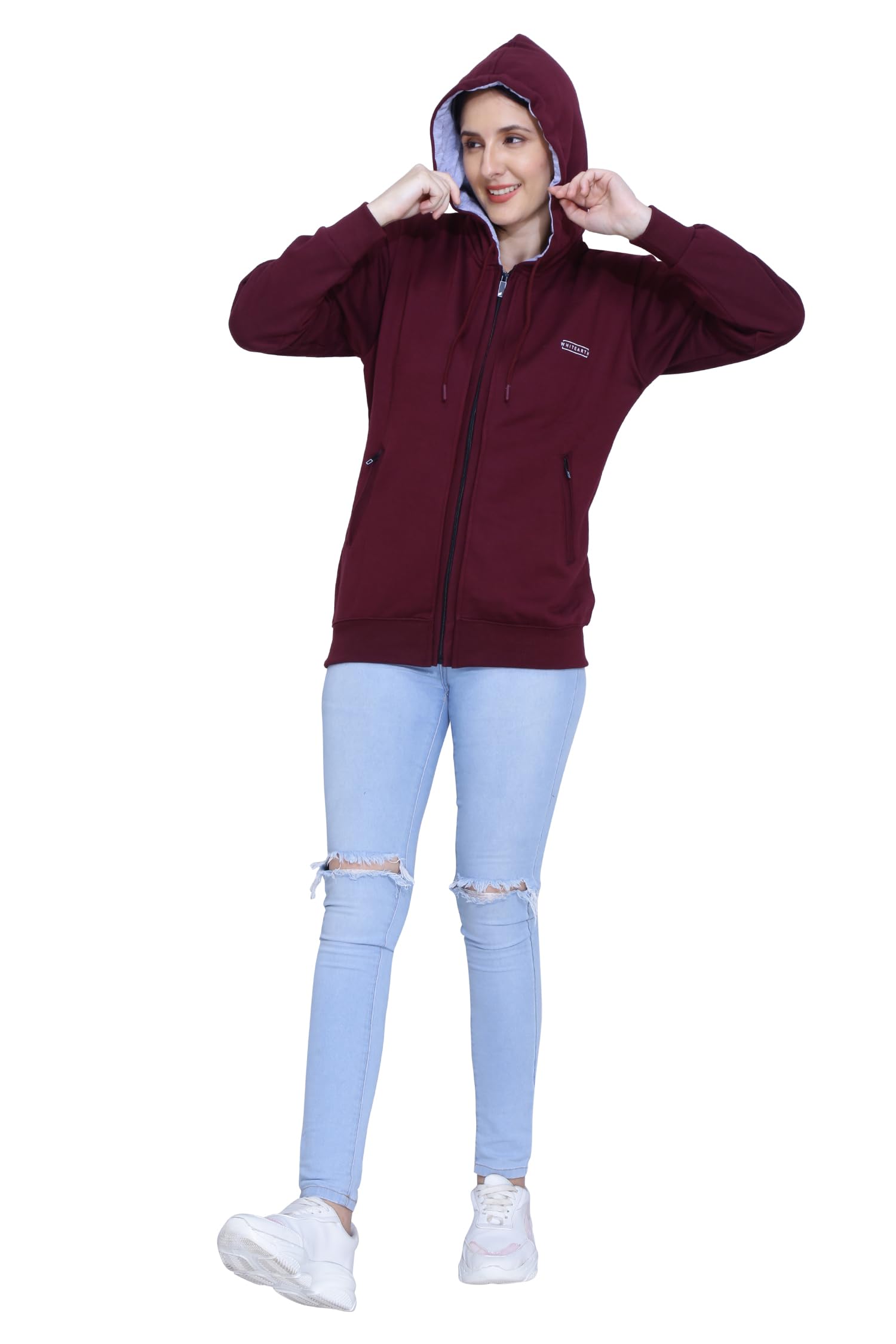 whitearth Fleece Jacket for Women with Hoodie and Zipper Pockets. Plain Travel Winterwear in Light Colours (L-800)-picture-45