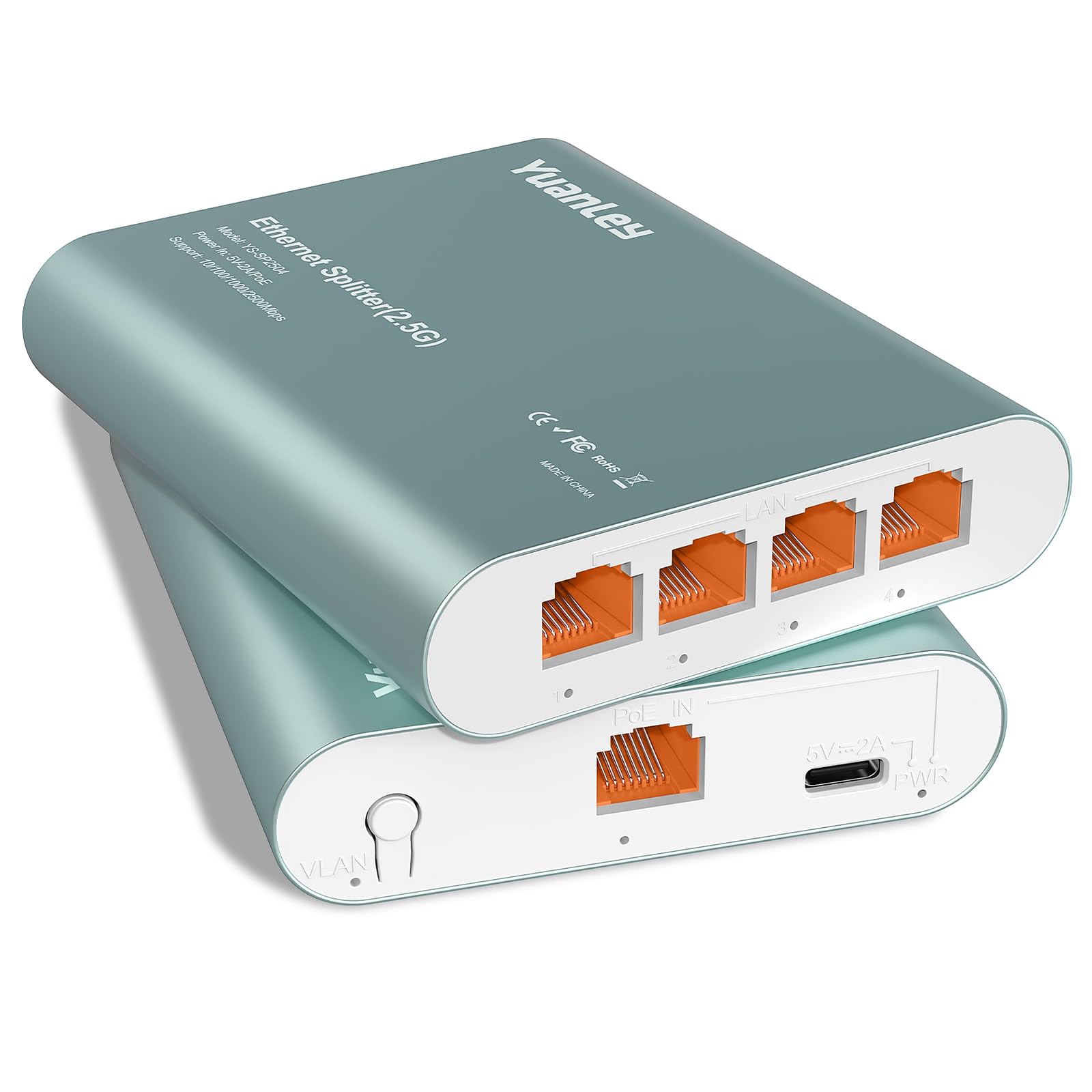 Splitter Ethernet 2.5G 1 à 4 avec Entrée PoE, Splitter Internet RJ45 Haut Débit 2.5G avec Boîtier en Aluminium, Isolation de Port VLAN, Alimenté par PoE/USB-C, Câble USB-C Inclus, Plug and Play