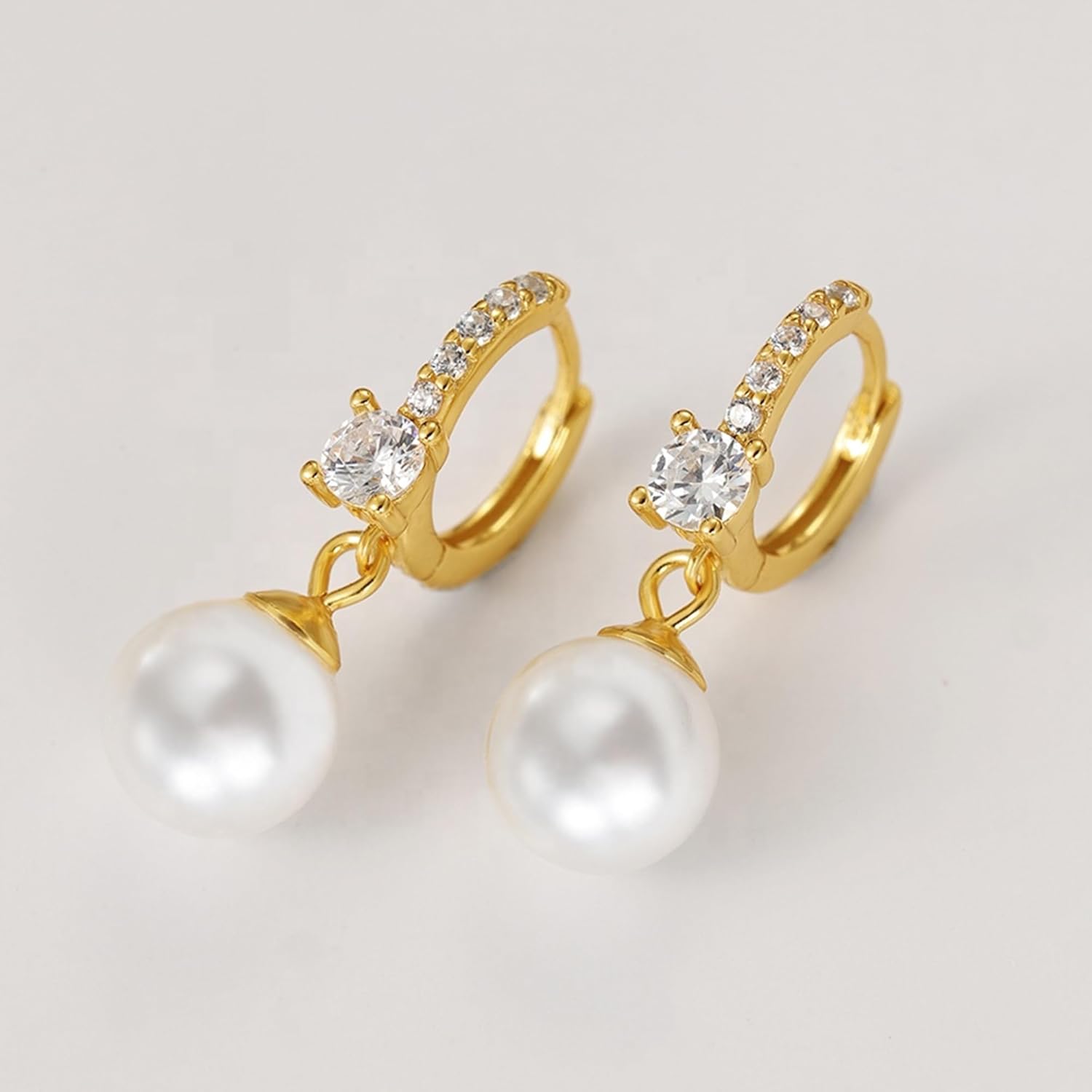 Pearl Earrings for Women 18K Gold Plated/Silver Hypoallergenic Dainty Elegant 12mm Simulated Shell Pearl Drop Dangle Earrings 5A Cubic Zirconia Small Hoop Earrings Wedding Jewelry Gifts (Silver) - Image 6