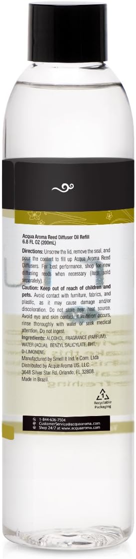 Acqua Aroma Vanilla Reed Diffuser Oil Refill 6.8 FL OZ (200ml) Contains Essencial Oils Handcrafted Made in Brazil
