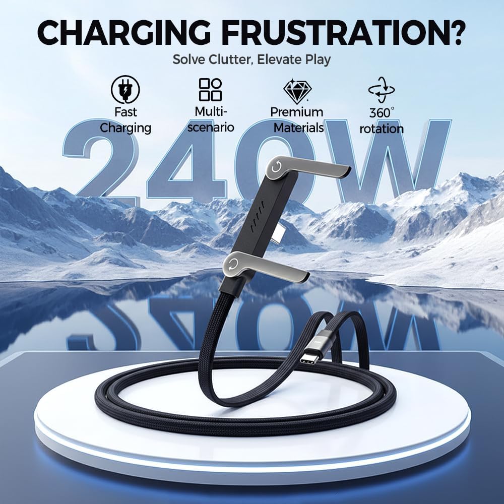 Cavo USB-C intrecciato a ricarica rapida con supporto per telefono integrato, cavo pieghevole a forma di T a 90 gradi, caricabatterie multifunzionale, lunghezza 1,5 m, design ad angolo retto