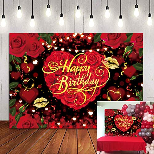BINQOO Toile de Fond pour Photographie Motif Roses Rouges 2,1 x 1,5 m Rose Rouge Fleurs Amour Photo Fond Rouge Coeur Lipgloss Joyeux Anniversaire Fond Femme 30 40 50 Articles de fête décoration