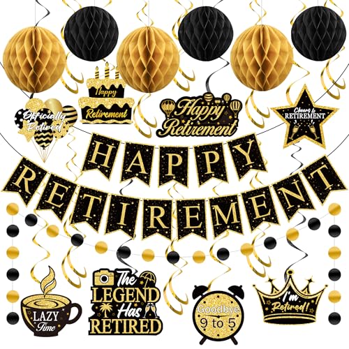 Image of Happy Retirement Party Decorations Kit Black Gold Retirement Banner Hanging Swirls and Honeycomb Balls Retirements Party Supplies for Farewell Goodbye Retirements Going Away Party Decorations