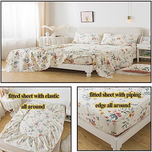 Image of FADFAY Floral Sheets Queen Vintage Pink Floral Bedding Shabby Beige Elegant Botanical Sheets Rustic Farmhouse Bedding 800 Thread Count 100% Egyptian Cotton Deep Pocket Fitted Sheet 4Pcs, Queen Size