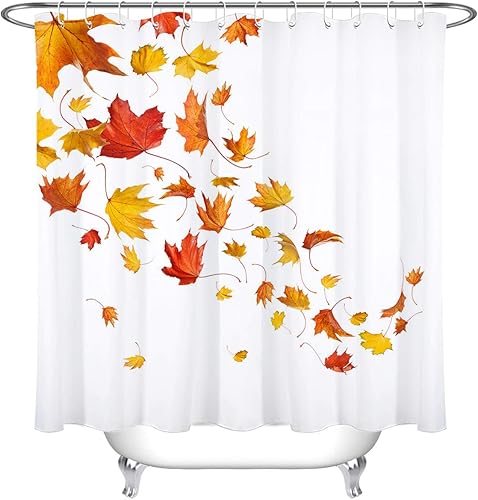 LB Cortinas de ducha de hojas que caen para baño, decoración de hojas de arce de otoño, color rojo, naranja, amarillo, blanco, cortina de ducha con