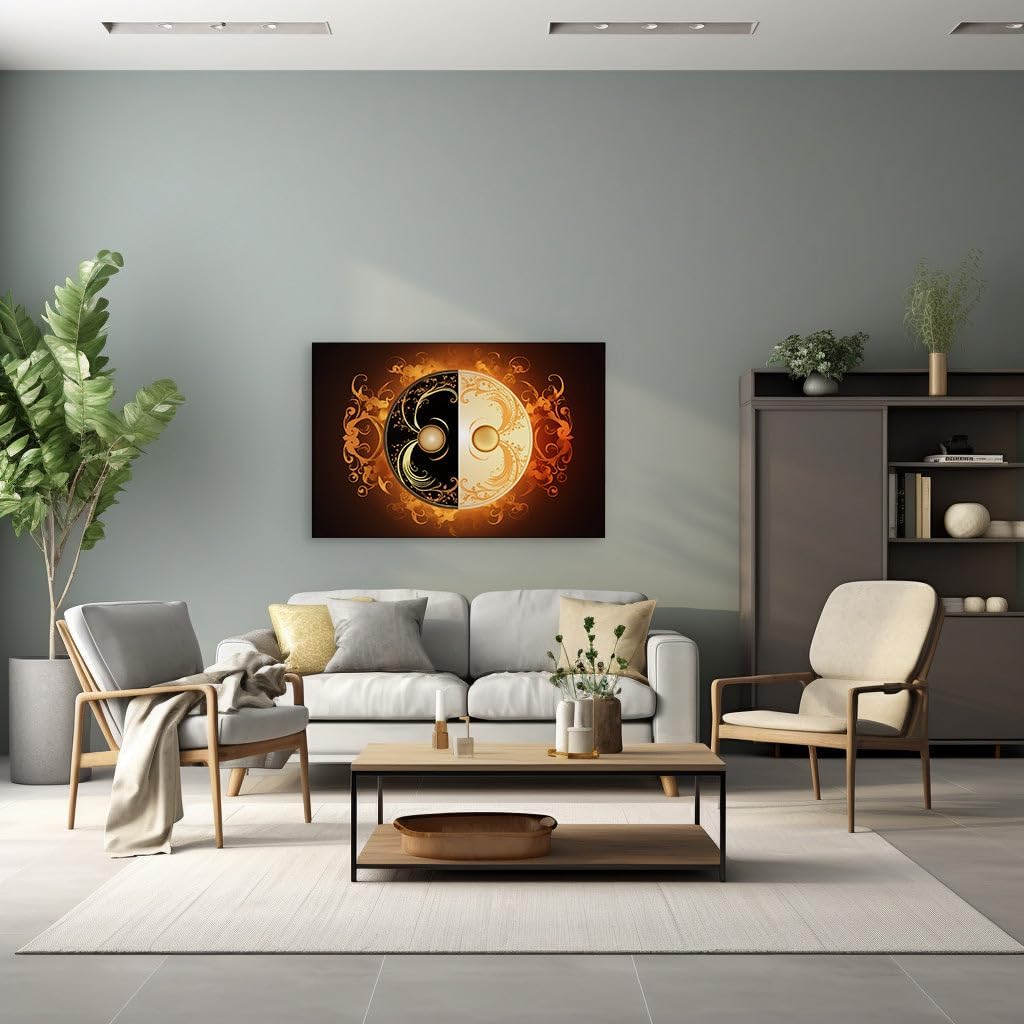 Canvas for Living room. Harmony in Contrast: Exploring the Intricate Beauty of a Black, Orange, and Gold Yin Yang Illustration, 27 x 18 inch Canvas Wall Art - Nature Home Decor
