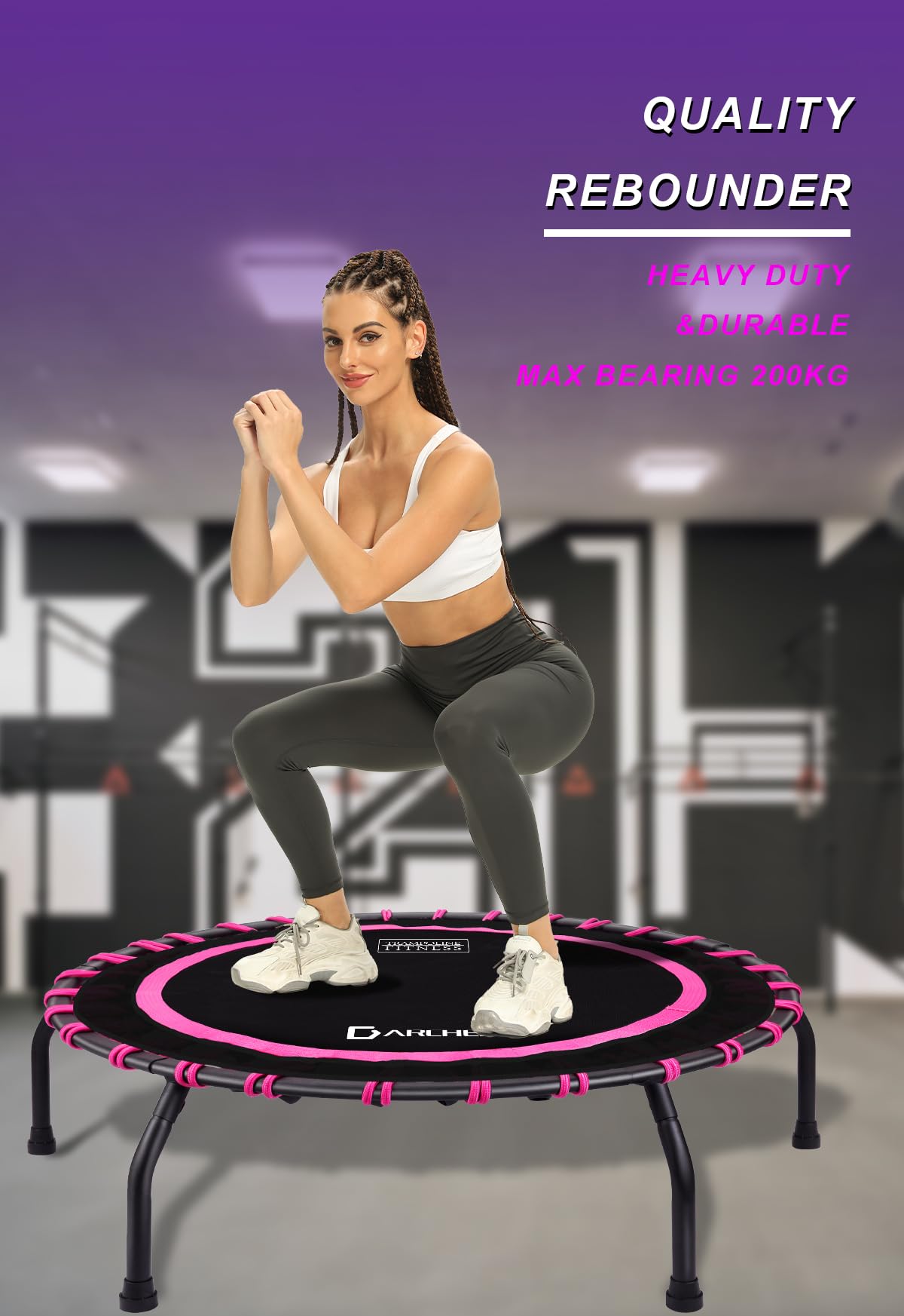 DARCHEN Mini trampolino Rebounder da 150 kg per adulti, piccolo trampolino per interni, per esercizi, allenamento, fitness, design migliorato per rimbalzo più sicuro e silenzioso [100 cm]