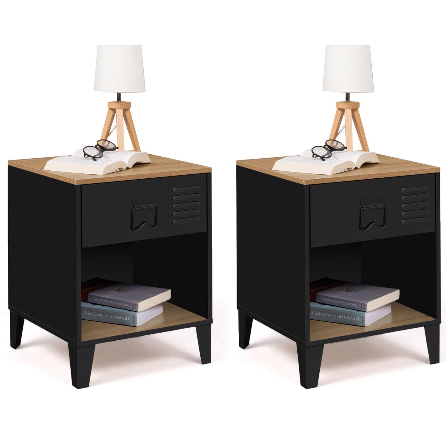 IDMarket - Lot de 2 Tables de Chevet Ester Bois et métal Noir