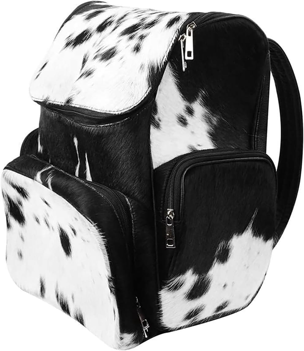 Western Cowhide Print Leather Diaper Backpack - Cute Shower Gifts For New Mom - Large Travel Bag Brown & White