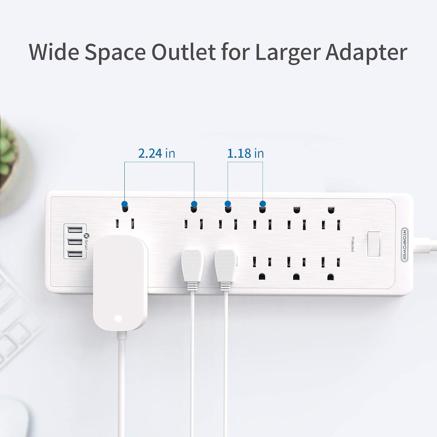 Extension Cord 10 Ft, NTONPOWER Flat Plug Power Strip Surge Protector with 12 Multiple Outlet 3 USB Port, 2100 Joules, 1875W, 15A Circuit Breaker, Wall Mount for Home Office Accessories, White