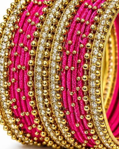 Image of NMII Non-Precious Metal with Base Metal and Zircon Gemstone Studded Ball Chain Linked Glossy Finished Silk thread Bangle set for Women and Girls