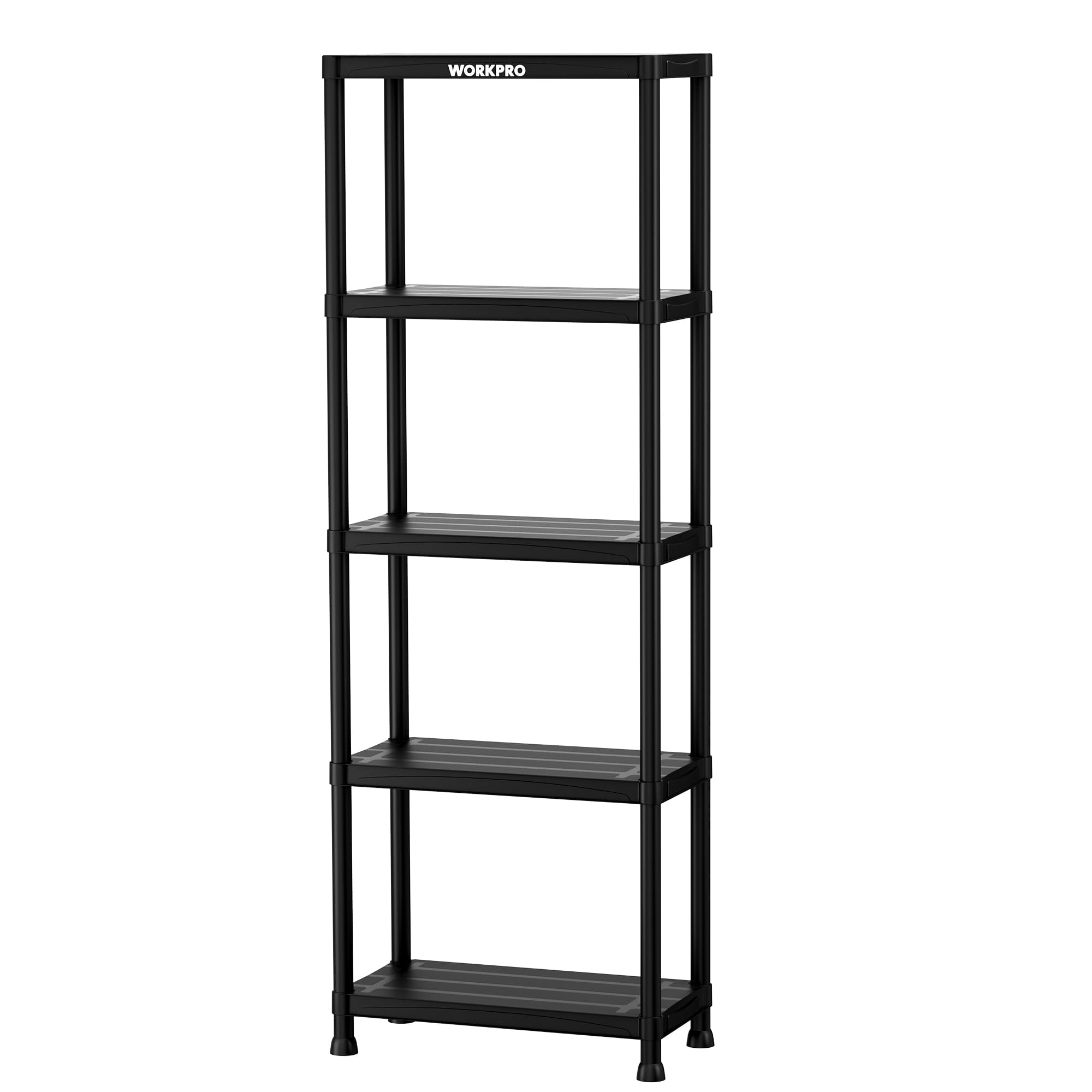 WORKPRO 5-stöckiges Kunststoff-Aufbewahrungsregal, 227 kg Kapazität, 170,4 cm H x 60,7 cm B x 30,5 cm T, Lagerregal für Garage, Zuhause, Speisekammer, Büro, Wäsche, werkzeuglose Montage, Schwarz