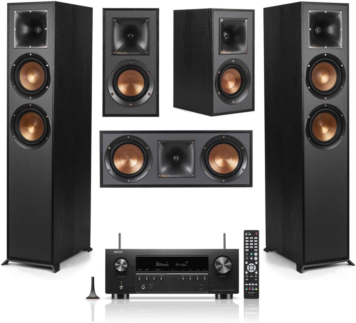 KlipschReference 5.0 Home Theater System with 2X R-620F Floorstanding Speaker, R-52C Center Channel Speaker, R-41M Bookshelf Speaker and TX-NR696 7.2-Channel Network A/V Receiver, Black