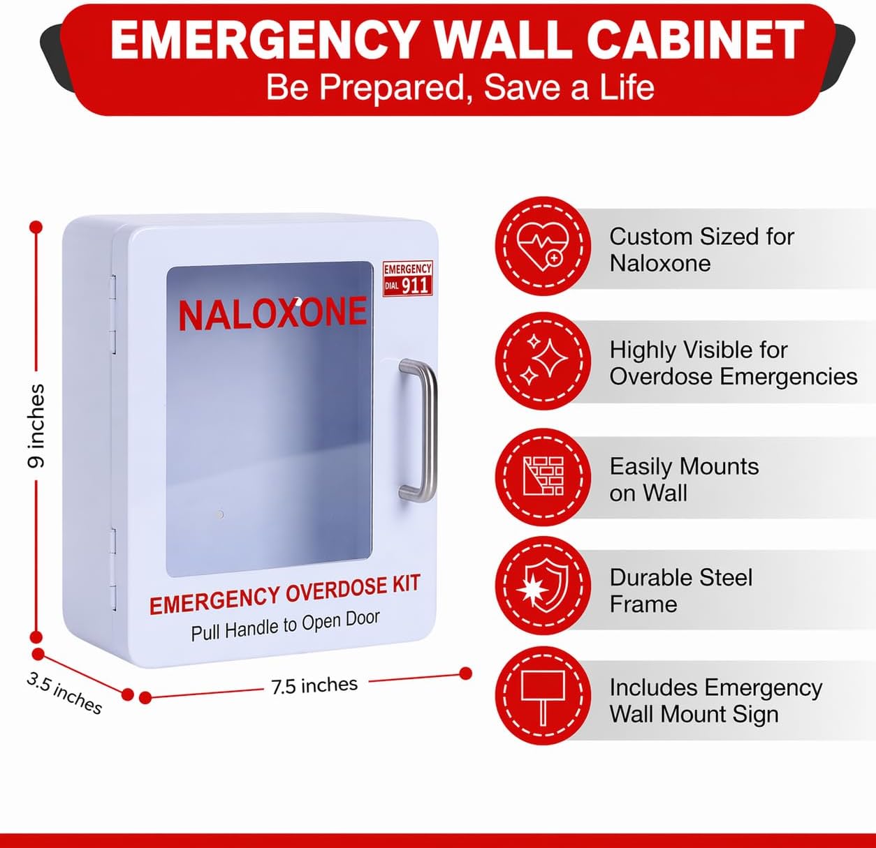 Naloxone Overdose Emergency Kit Cabinet - Emergency Sign Included - No Alarm or Lock | Designed for Wall Mount & Public Access (No Alarm, White)