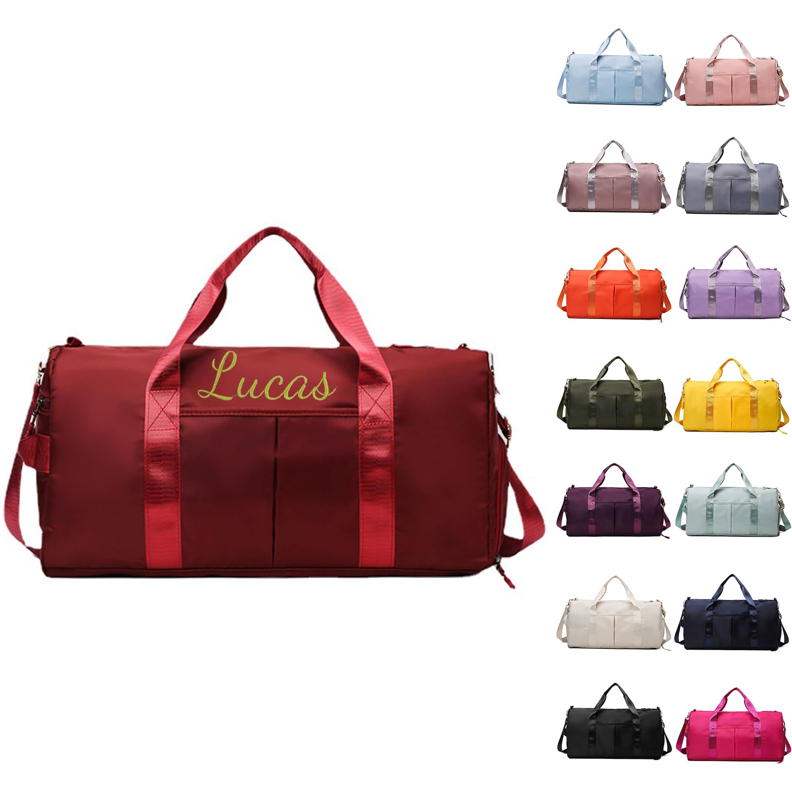 Personalized Gym Bag, Embroidered Travel Bag with Trolley Sleeve, Waterproof Sports Bag with Shoe Compartment, Duffle Bag for Women Weekender Bag Overnight Bag for Hospital and Swimming (Red)
