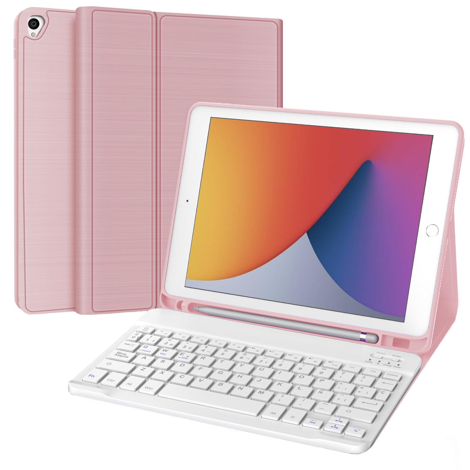 WINCHKING Funda con Teclado para iPad 9/8/7 Generacion 10.2 Pulgadas, Desmontable Funda Teclado para iPad Pro 10.5" 2017/ Air 3 2019, Bluetooth Magnético Keyboard, QWERTY Español Ñ, Rosa