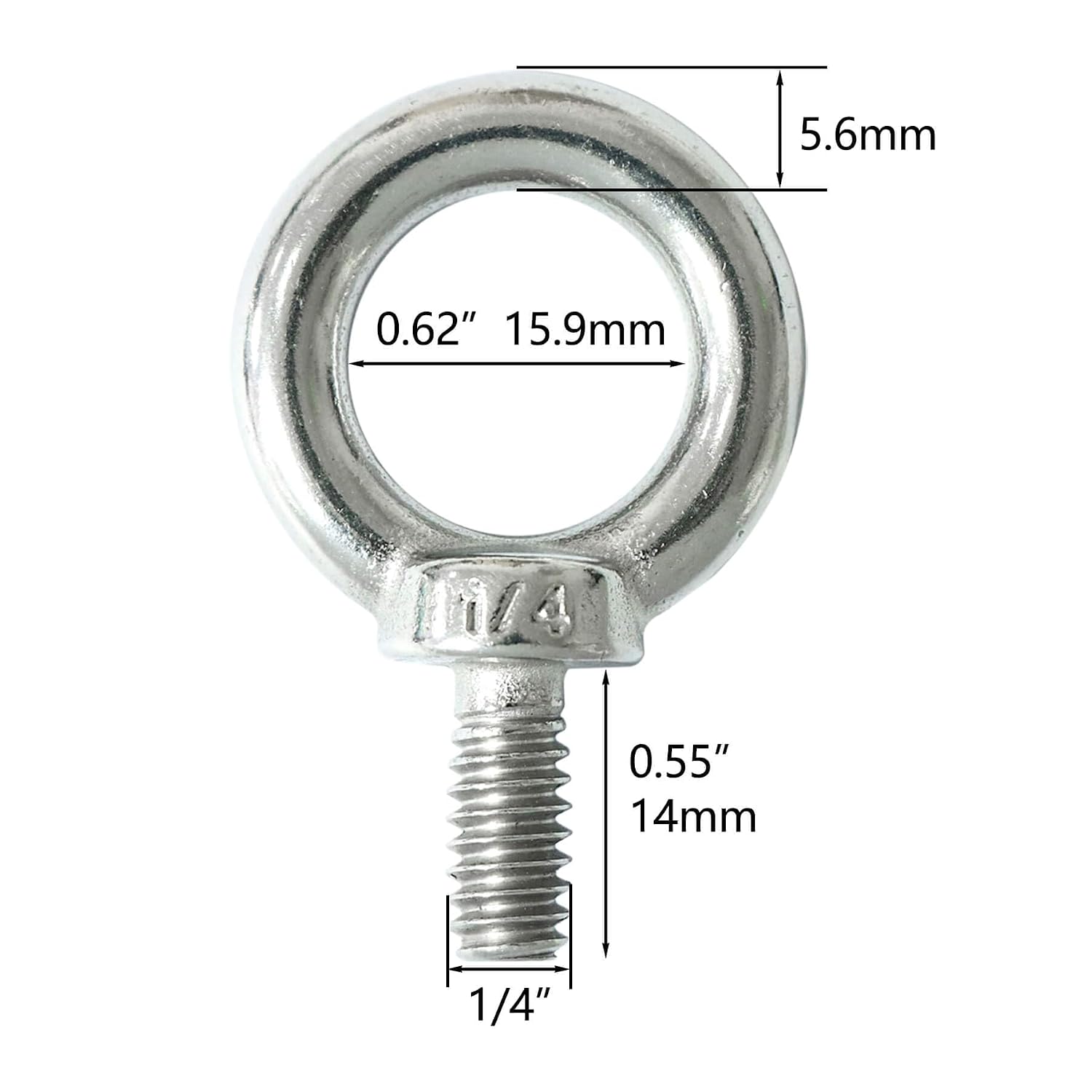 1/4" UNC Lifting Shoulder Eye Bolts, Marine Grade 316 Stainless Steel Threaded Nut Fastener, 4 Packs