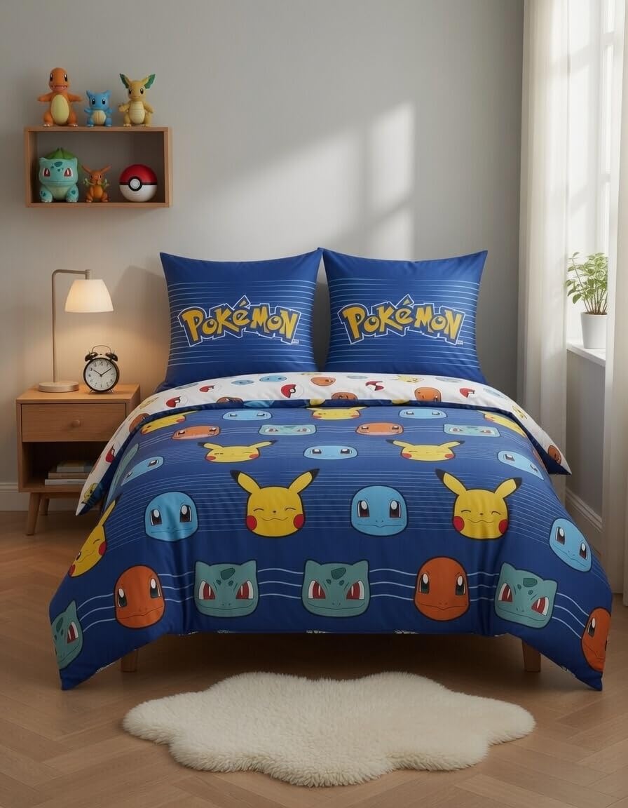Pokémon Funda Nórdica Cama 150 240x220 + 2 Fundas Pikachu Reversible | Ropa de cama 2 personas | Microfibra Oeko-Tex secado rápido | Pikachu Charmander Bulbasaur Squirtle | 2 diseños | Regalo